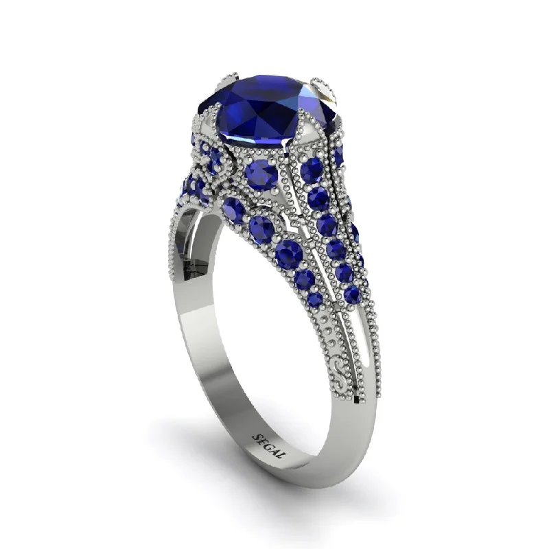 Ladies engagement rings bold gemstone bands-Sapphire Vintage Crown Engagement Ring - Talia No. 75