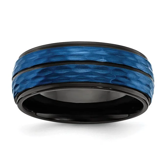 Ladies rings promise ring options-Stainless Steel Brushed and Polished Black/Blue IP-plated 8mm Band