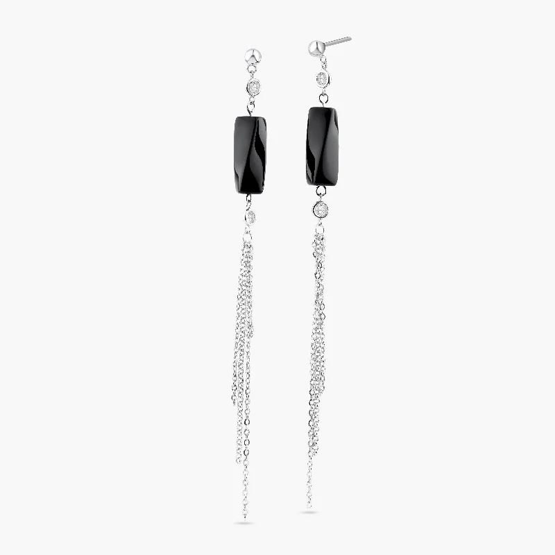 Ladies earrings bezel set styles-Clearance-Silver 925 Rhodium Plated Round Black Wavy Rectangle CZ Multi Strand Dangling Stud Earrings - STE00283