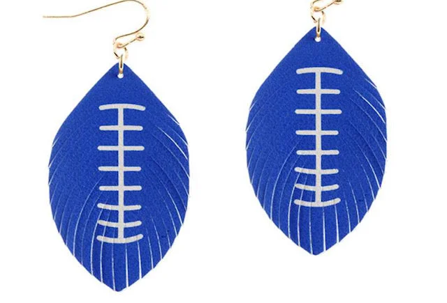 Ladies earrings trillion cut styles-Feathered Football Leather Sport Earrings White and Blue