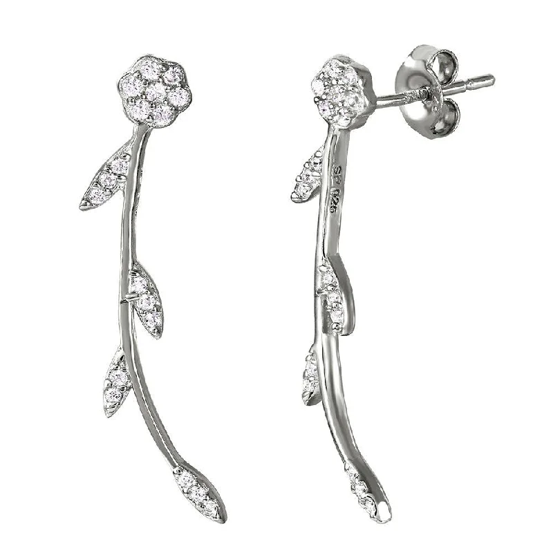 Ladies earrings hammered craft looks-Silver 925 Rhodium Plated Long Stem Flower Earrings with CZ - STE01032