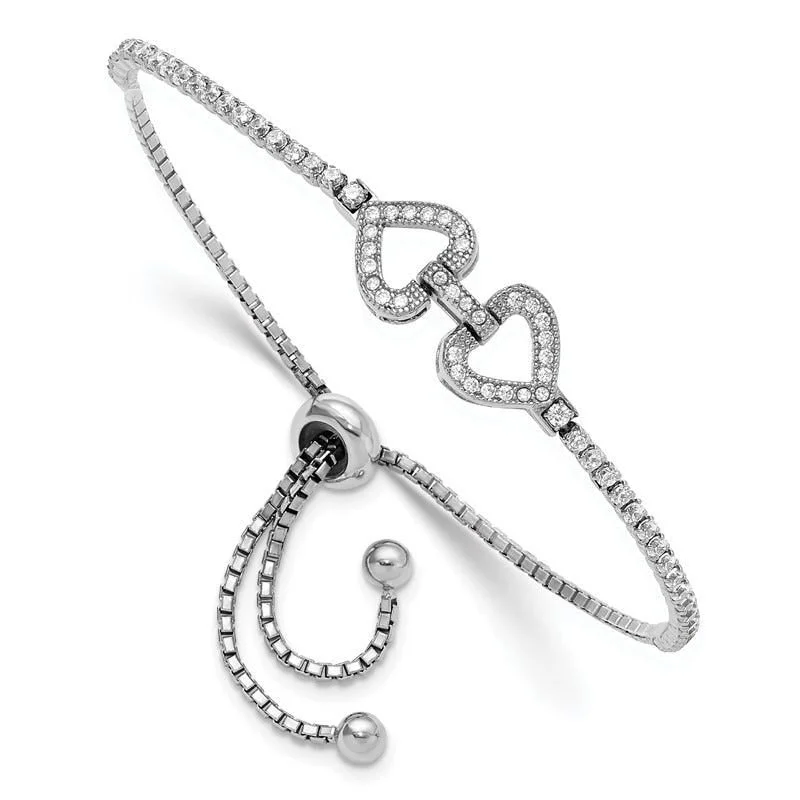 ladies bracelet trendy onyx-Sterling Silver Rhodium-plated CZ Linked Hearts Adjustable Bracelet