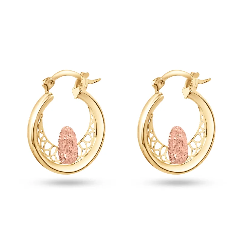 Ladies earrings European-inspired flair-14E00417. - 14 Karat Yellow Gold 2 Tone 18mm Our Lady of Guadalupe Clear CZ Hoop Earrings