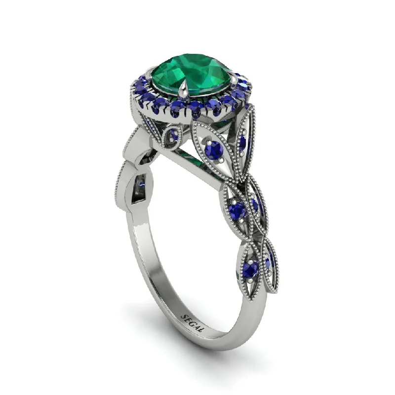 Ladies engagement rings colorful diamonds-Emerald Halo Nature Inspired Leaf Engagement Ring - Alessandra No. 66