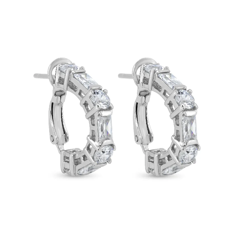 Ladies earrings knot symbol designs-Silver 925 Rhodium Plated Blue and Clear Rectangle and Round Circle CZ Stud Earrings - STE00932