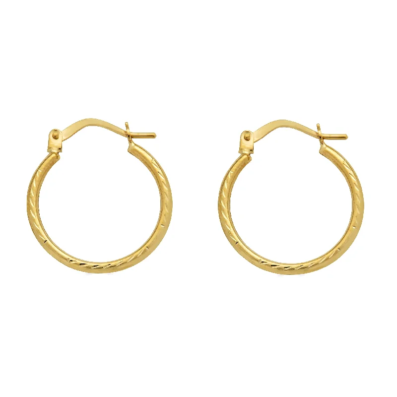 Ladies earrings fixed gem designs-14E00384. - 14 Karat Yellow Gold Diamond Cut Textured Hoop Latch Lock Earrings