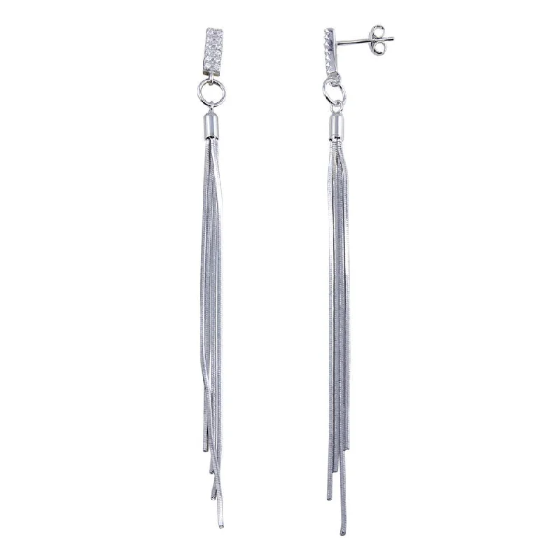 Ladies earrings pointed tip styles-Rhodium Plated 925 Sterling Silver CZ Bar Snake SQ Dangling Earrings - BGE00626