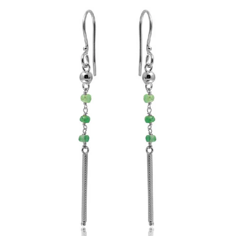 Ladies earrings heavy statement pieces-Rhodium Plated 925 Sterling Silver Dangling 3 Green Bead with Matte Rhodium Bar Earrings - DIE00009RH-EM