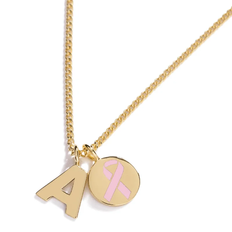 ladies necklace trendy multi-stone-Pink Ribbon Initial Charm Necklace