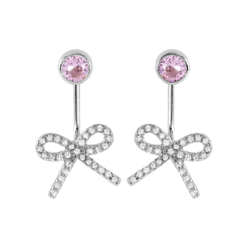 Ladies earrings radiant cut earrings-Silver 925 Rhodium Plated Bowtie Pink CZ Earrings - STE00985