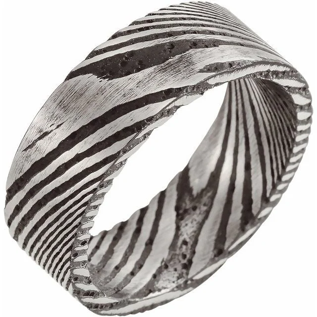 Ladies rings asymmetrical design picks-Damascus Steel 8 mm Patterned Flat Band