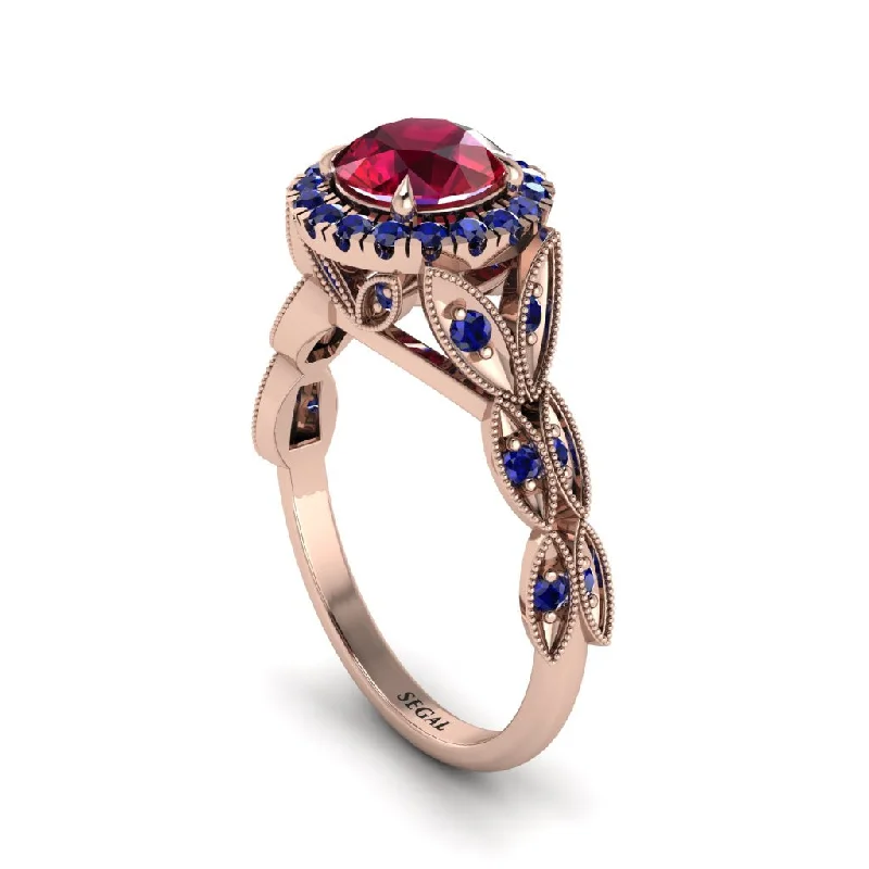 Ladies engagement rings celebrity diamonds-Ruby Halo Nature Inspired Leaf Engagement Ring - Alessandra No. 71