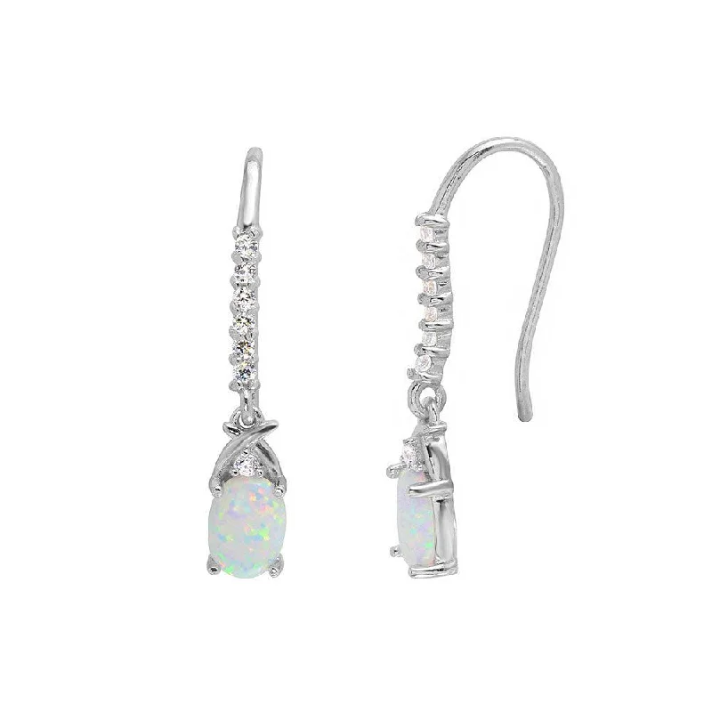 Ladies earrings star motif designs-Rhodium Plated 925 Sterling Silver Dangling Oval Opal with CZ Earrings - BGE00499