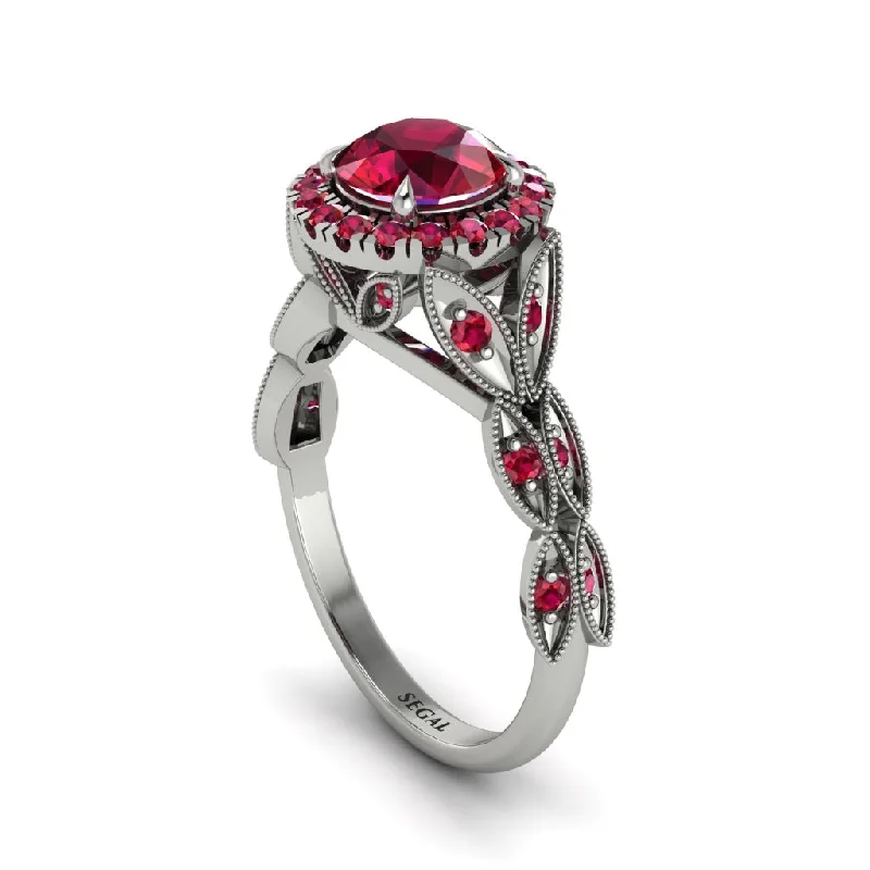 Ladies engagement rings heart diamond-Ruby Halo Nature Inspired Leaf Engagement Ring - Alessandra No. 57