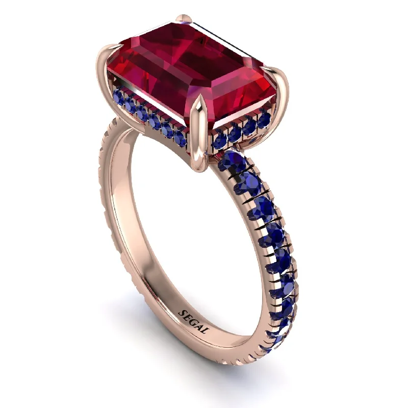 Ladies engagement rings bezel diamond cuts-Emerald-Cut Ruby Pavé Engagement Ring - Daphne No. 71