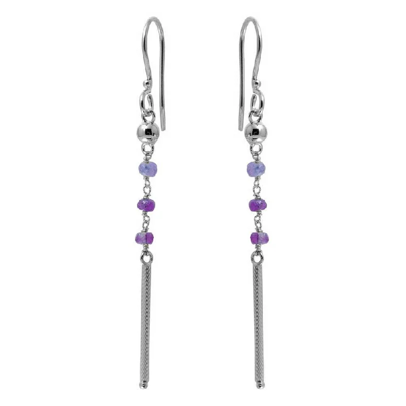 Ladies earrings tension set designs-Rhodium Plated 925 Sterling Silver Dangling 3 Purple Bead with Matte Rhodium Bar Earrings - DIE00009RH-AM