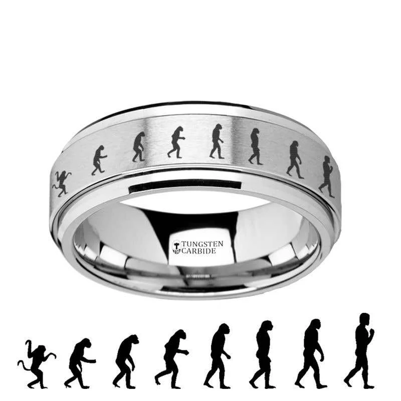 Ladies rings dramatic flair rings-Thorsten Spinning Engraved Human Evolution Tungsten Carbide Spinner Band - 8mm