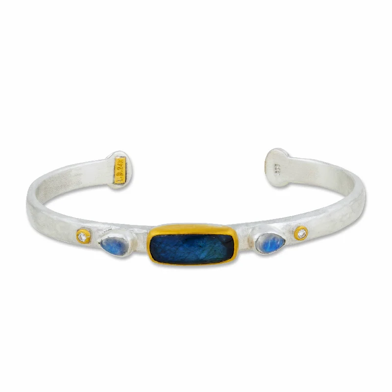 ladies bracelet designer animal-Lika Behar "Moondance" Open Bracelet Silver & 24K Gold Moonstone & Labradorite Onyx Doublet