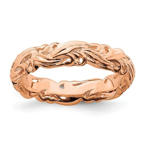 Ladies rings single layer rings-Sterling Silver Stackable Expressions Rose Gold Plated Carved Band