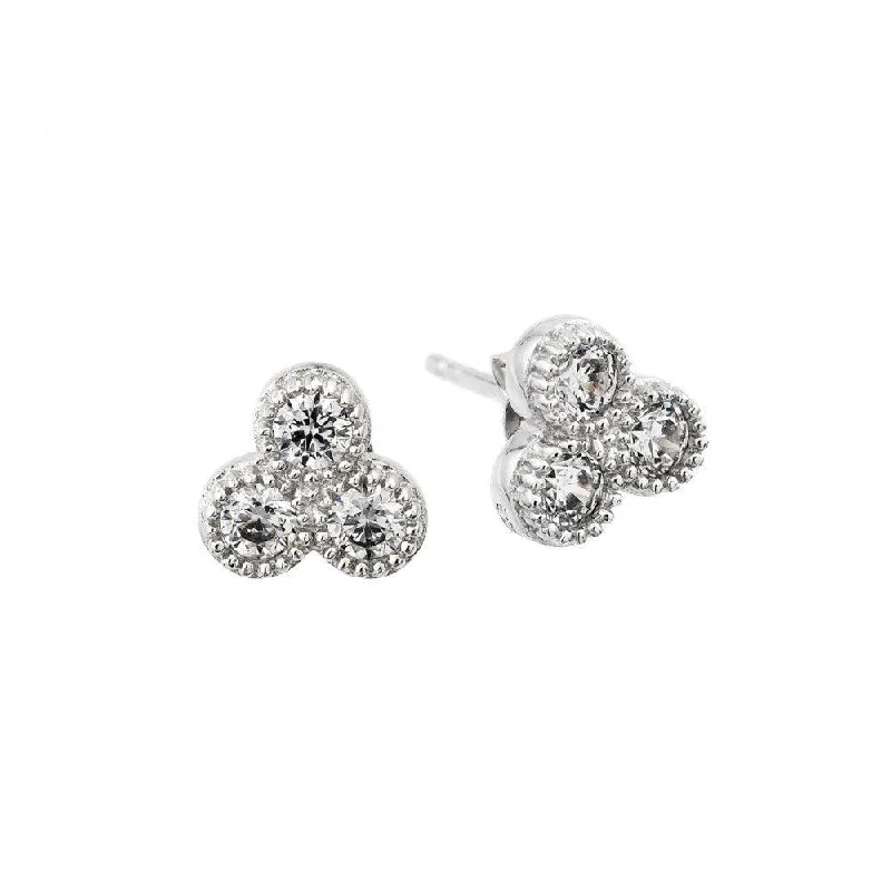 Ladies earrings classic revival designs-Silver 925 Rhodium Plated Triple Cluster Earrings - STE00974