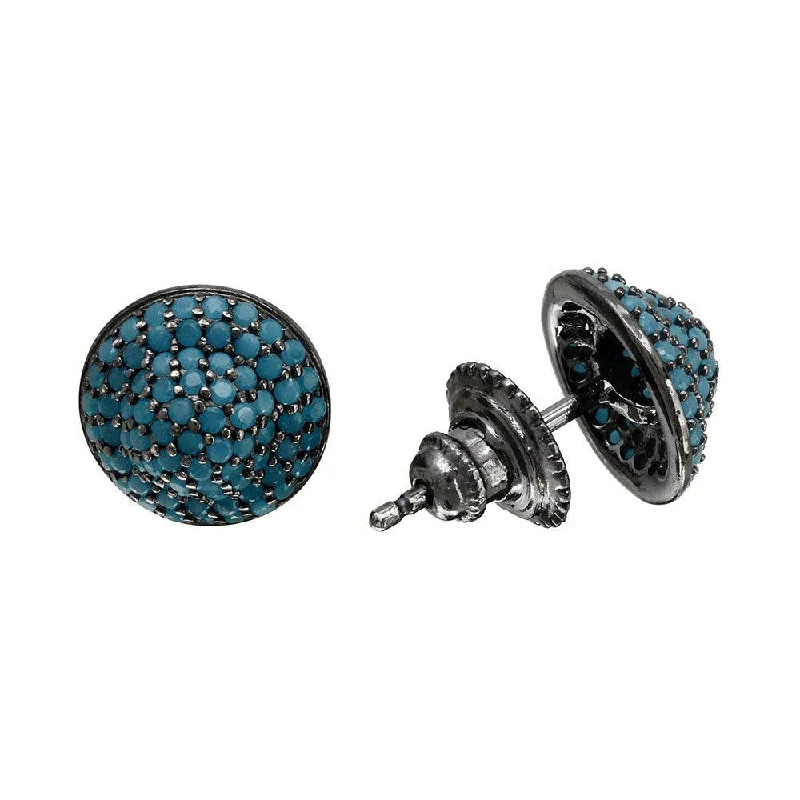 Ladies earrings commitment charm styles-Black Rhodium Plated 925 Sterling Silver Dome Turquoise CZ Stud Earrings - GME00088BLK