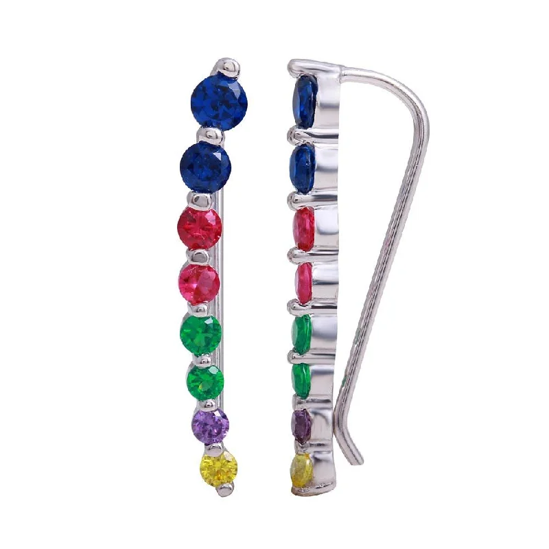 Ladies earrings animal-inspired themes-Rhodium Plated 925 Sterling Silver Round Multi-Colored CZ Stone Climbing Earrings - GME00116RBC