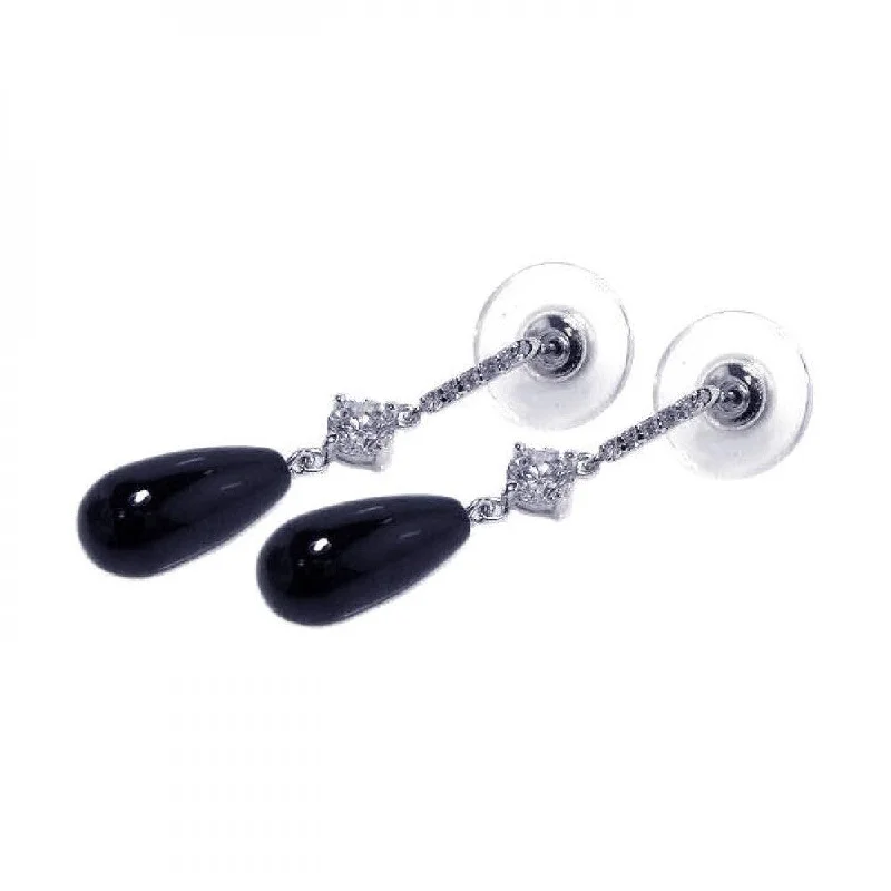 Ladies earrings signature piece designs-Silver 925 Rhodium Plated Teardrop Black and Clear CZ Dangling Stud Earrings - BGE00023