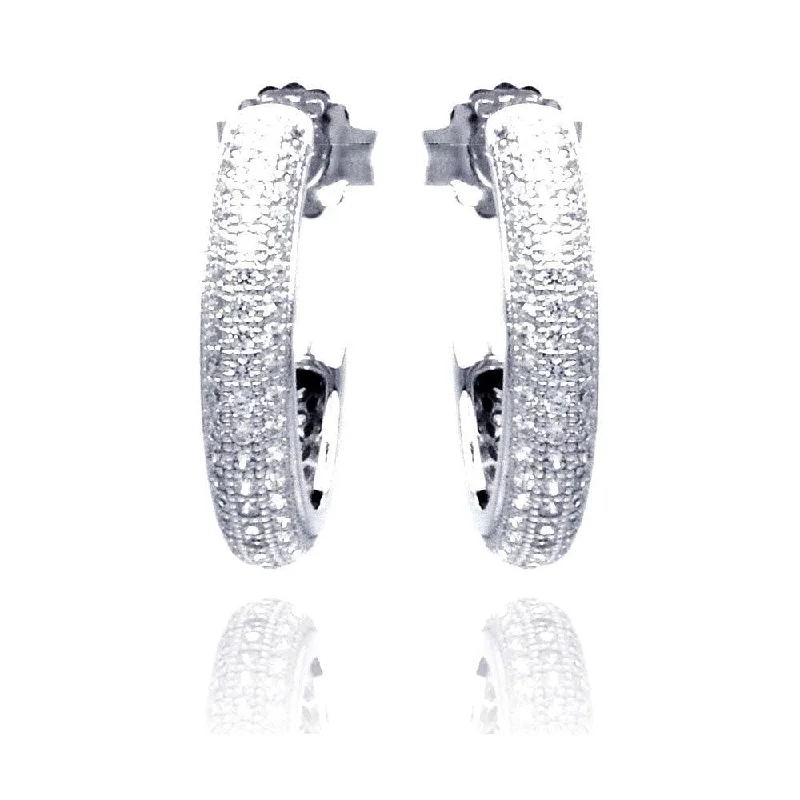 Ladies earrings minimalist daily wear-Silver 925 Rhodium Plated Micro Pave Clear Round CZ Hoop Earrings - ACE00056