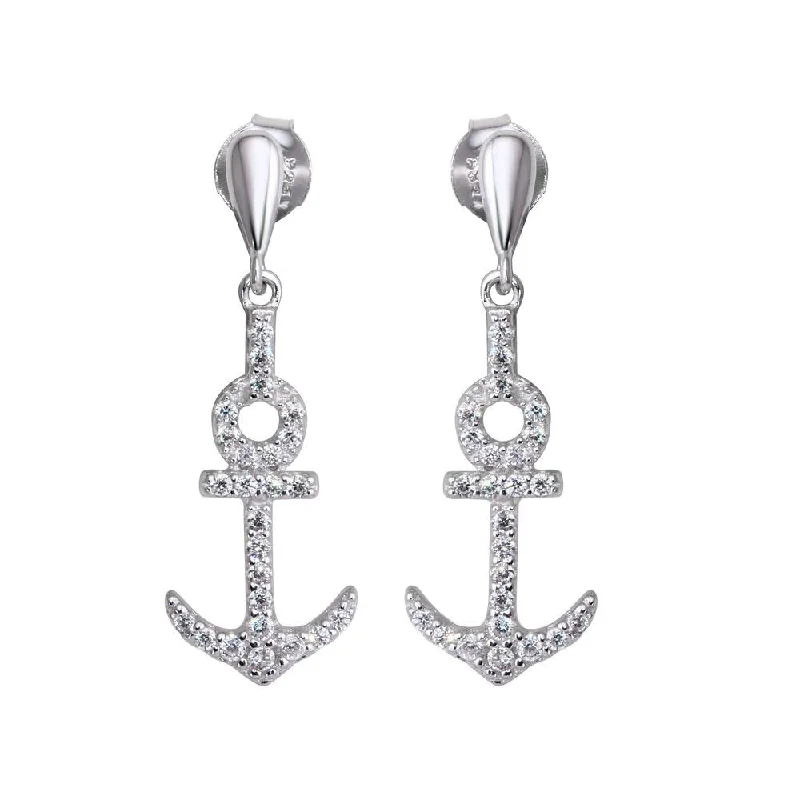 Ladies earrings asymmetrical pair picks-Rhodium Plated 925 Sterling Silver Dangling Anchor Earrings with CZ - BGE00593