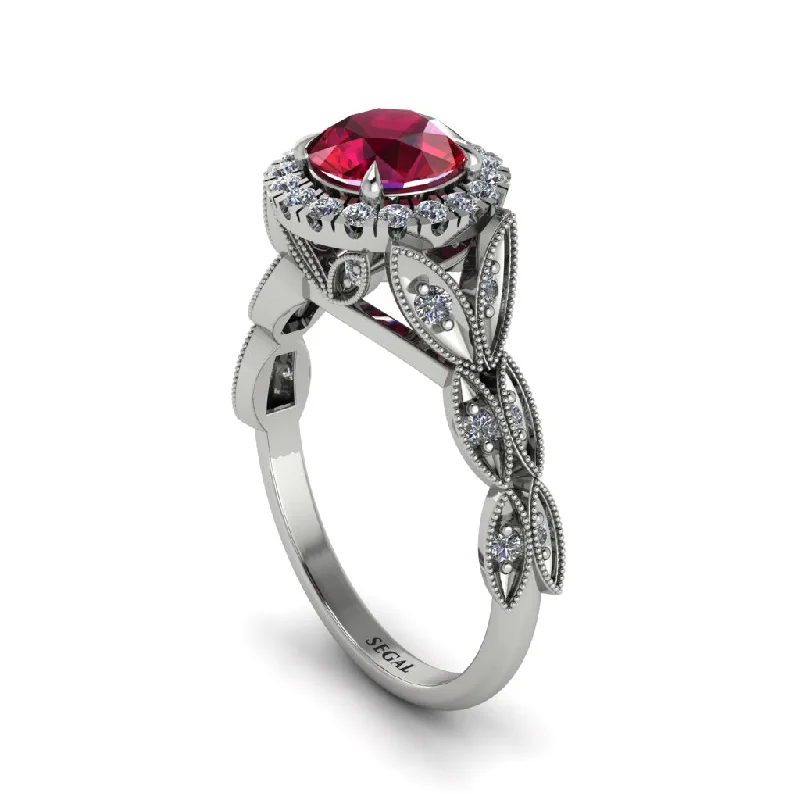 Ladies engagement rings 2025 trends-Ruby Halo Nature Inspired Leaf Engagement Ring - Alessandra No. 12