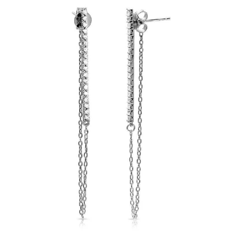 Ladies earrings bold silver designs-Rhodium Plated 925 Sterling Silver Vertical Line Bar with CZ Earrings - BGE00521