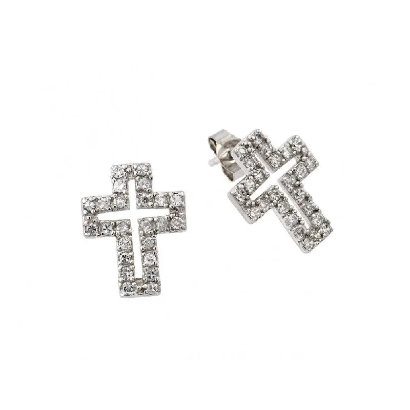 Ladies earrings worldwide fashion appeal-Silver 925 Rhodium Plated Cross Clear CZ Inlay Stud Earrings - STE00023