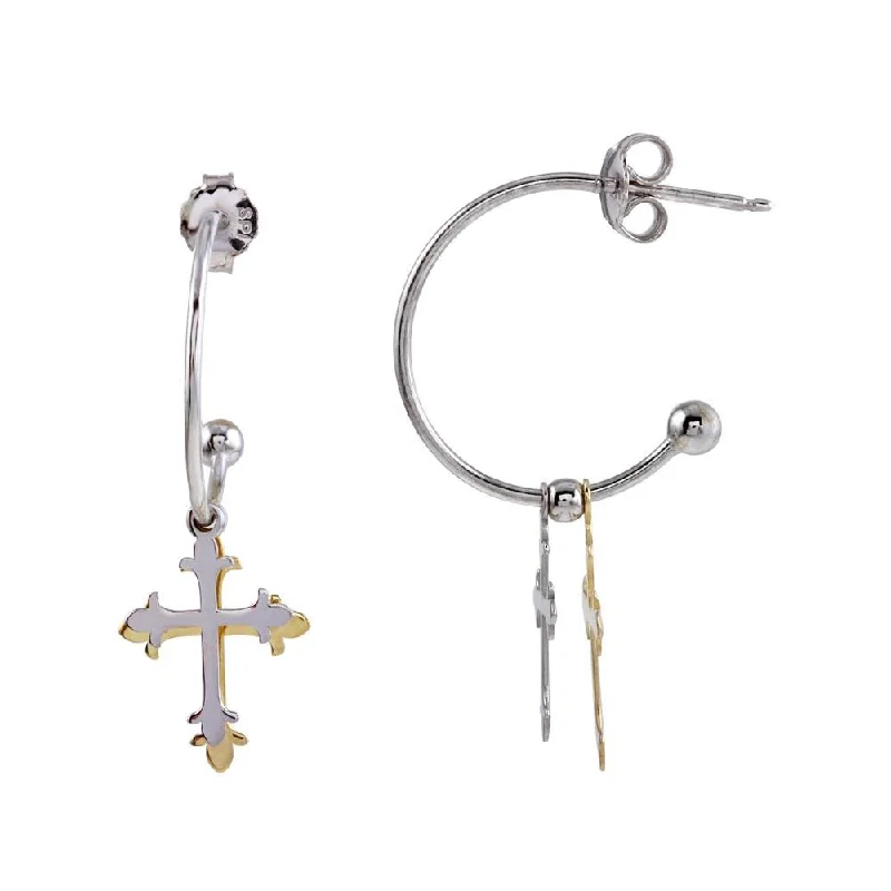 Ladies earrings bespoke jewelry picks-Two-Tone 925 Sterling Silver Semi-Hoop Cross Earrings - SOE00004