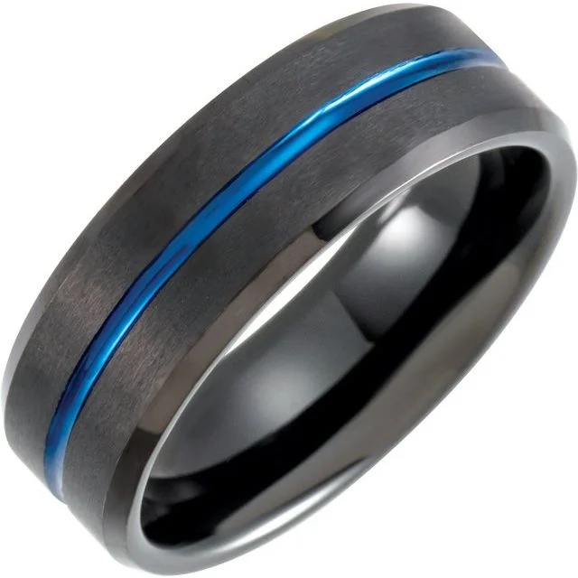 Ladies rings polished gemstone styles-Black & Blue PVD Tungsten 8 mm Grooved Band