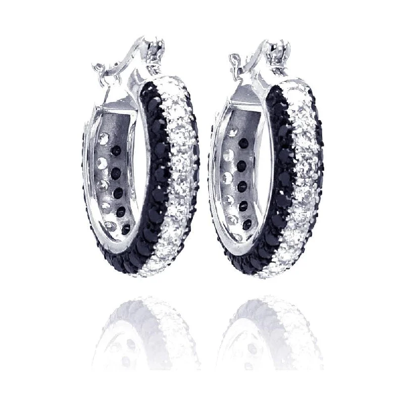 Ladies earrings labradorite unique picks-Clearance-Silver 925 Rhodium Plated Round Silver and Black CZ Hoop Earrings - STE00559