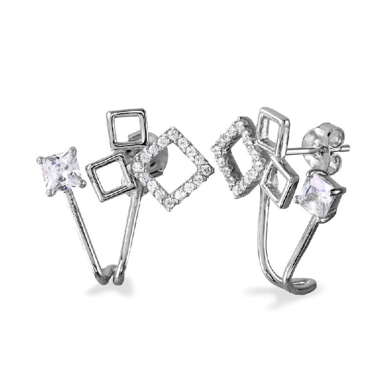 Ladies earrings opal shimmering designs-Rhodium Plated 925 Sterling Silver 3 Open Squares with Round CZ and Square CZ Folded Earrings - BGE00531