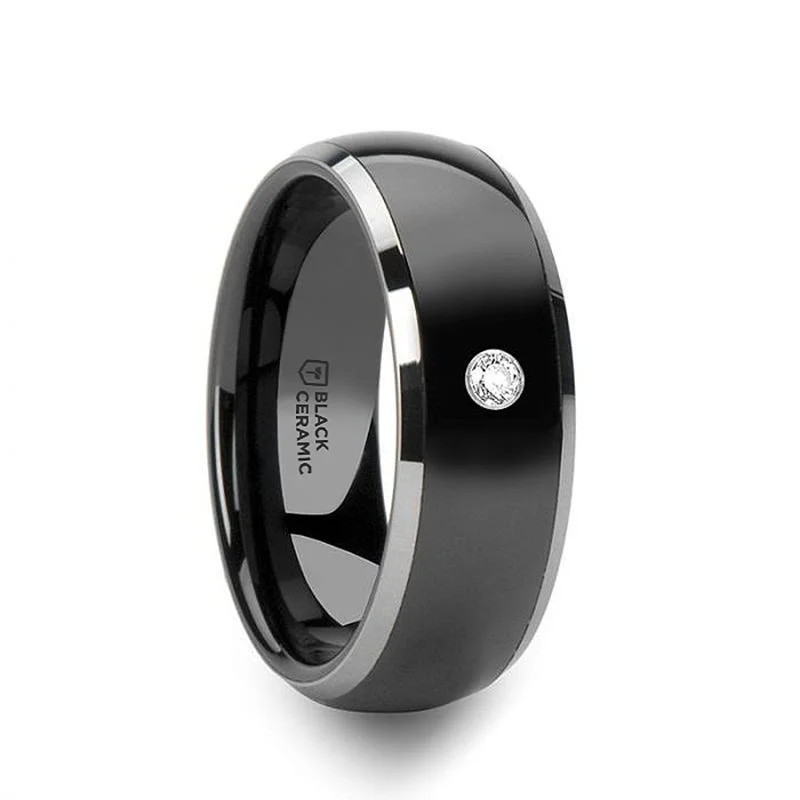 Ladies rings unique artisan designs-Thorsten GLENDALE Domed Black Ceramic Comfort Fit Wedding Band with Polished Tungsten Edges and White Diamond Setting - 8mm