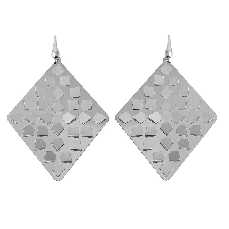 Ladies earrings pear cut designs-Silver 925 Rhodium Plated Rhombus Earrings - ECE00014RH