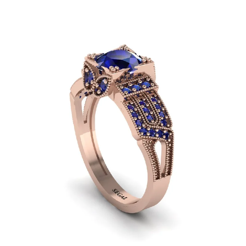 Ladies engagement rings bold gemstone bands-Sapphire Milgrain Gold Engagement Ring - Lyric No. 74