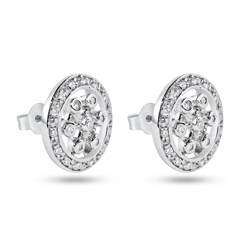 Ladies earrings French elegance styles-Clearance-Silver 925 Rhodium Plated Round Helm Wheel CZ Stud Earrings - STE00129