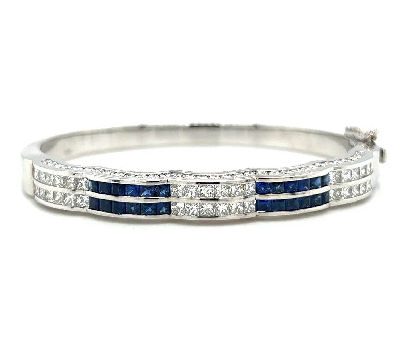 ladies bracelet summer leaf-Pre-Owned 14k White Gold Blue Sapphire & Diamond Bangle Bracelet