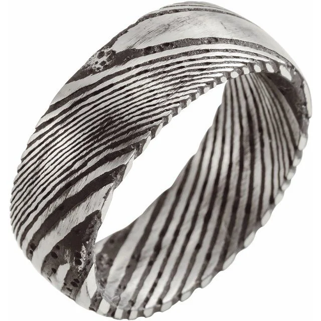 Ladies rings sculptural ring shapes-Damascus Steel 8 mm Patterned Band