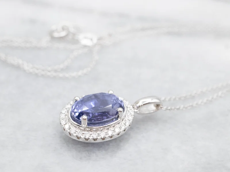 ladies necklace flower leaf-Modern Sapphire Halo Pendant Necklace