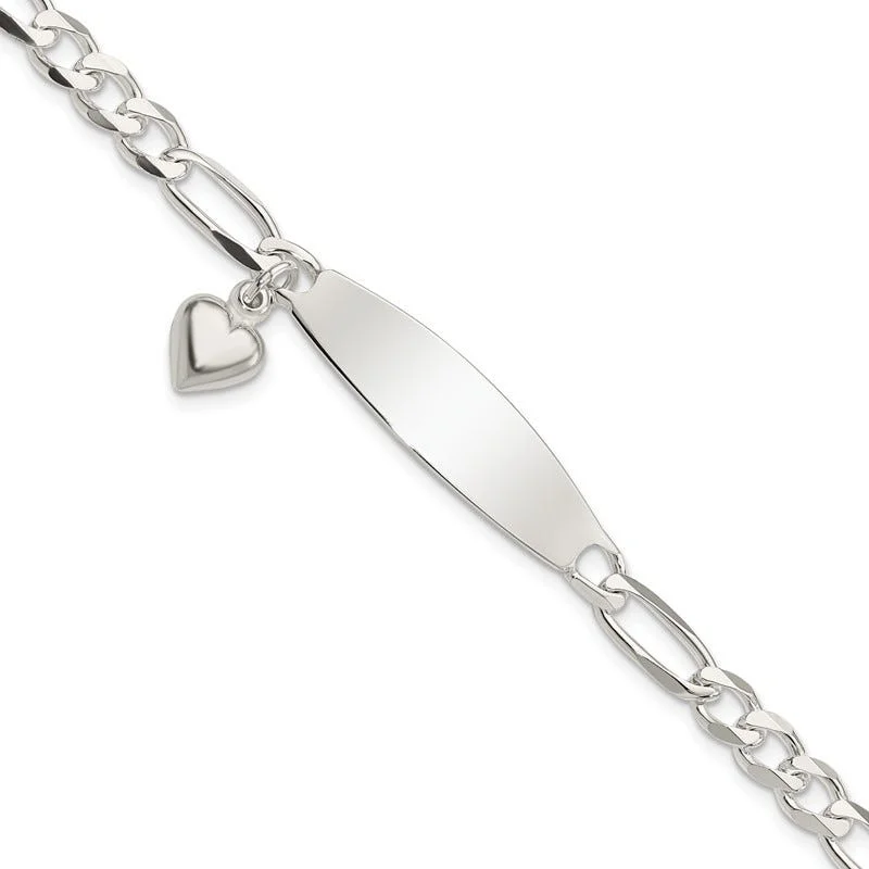 ladies bracelet luxury halo-Sterling Silver Polished Figaro ID Heart Dangle 8.5in Bracelet