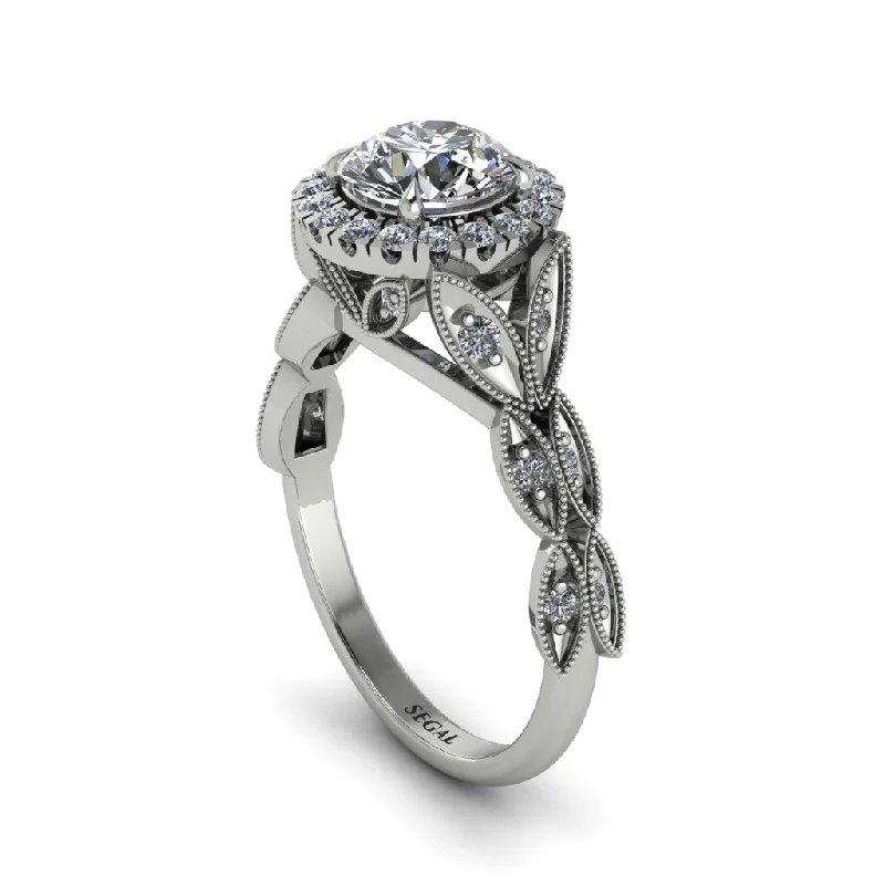 Ladies engagement rings top brands-Diamond Halo Nature Inspired Leaf Engagement Ring - Alessandra No. 3