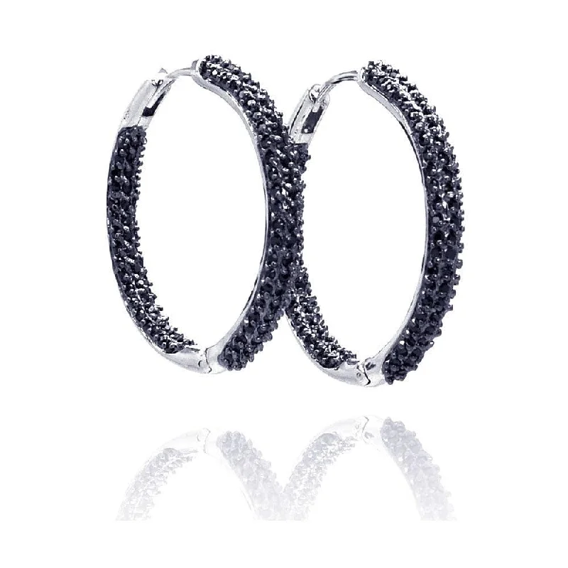 Ladies earrings budget-friendly finds-Clearance-Silver 925 Black Rhodium Plated CZ Hoop Earrings - BGE00078