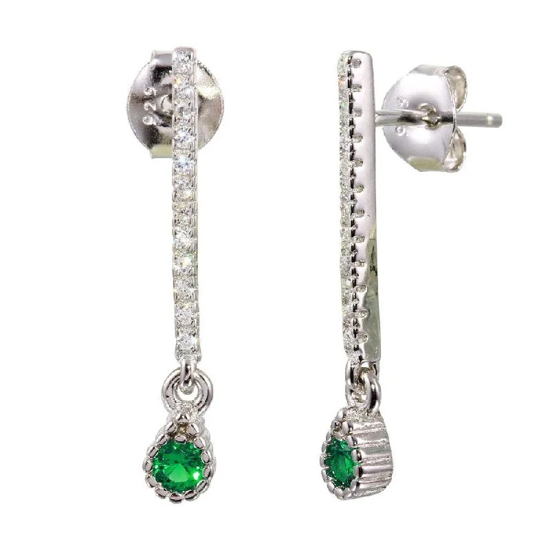 Ladies earrings engagement gift ideas-Rhodium Plated 925 Sterling Silver Green CZ Bar Drop Earrings - BGE00557GRN