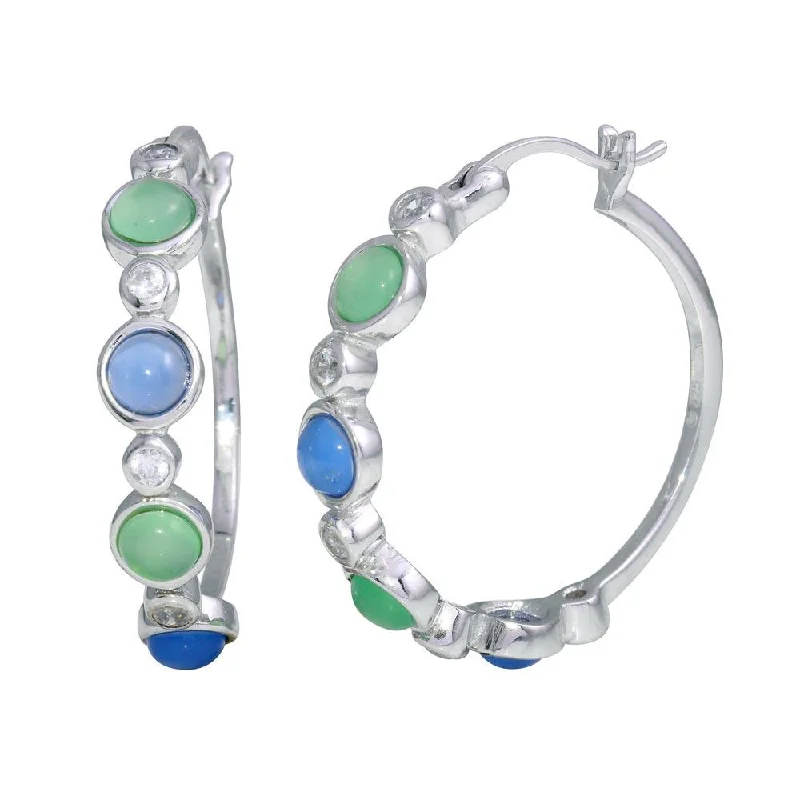 Ladies earrings matte gem earrings-Clearance-Silver 925 Rhodium Plated Multicolor CZ Round Hoop Earrings - STE00705