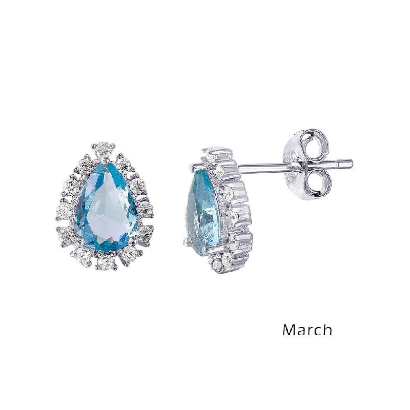 Ladies earrings social media trends-Rhodium Plated 925 Sterling Silver Teardrop Halo CZ Birthstone Earrings March - STE01027-MAR