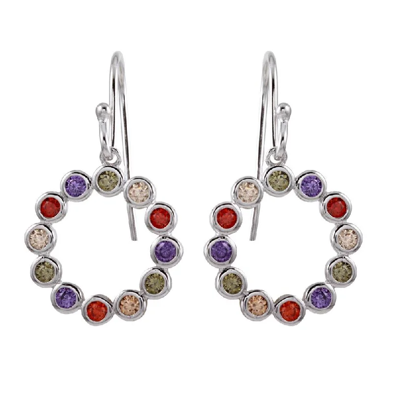 Ladies earrings aged patina earrings-Rhodium Plated 925 Sterling Silver Multi-Colored CZ Open Circle Earrings - STE01140